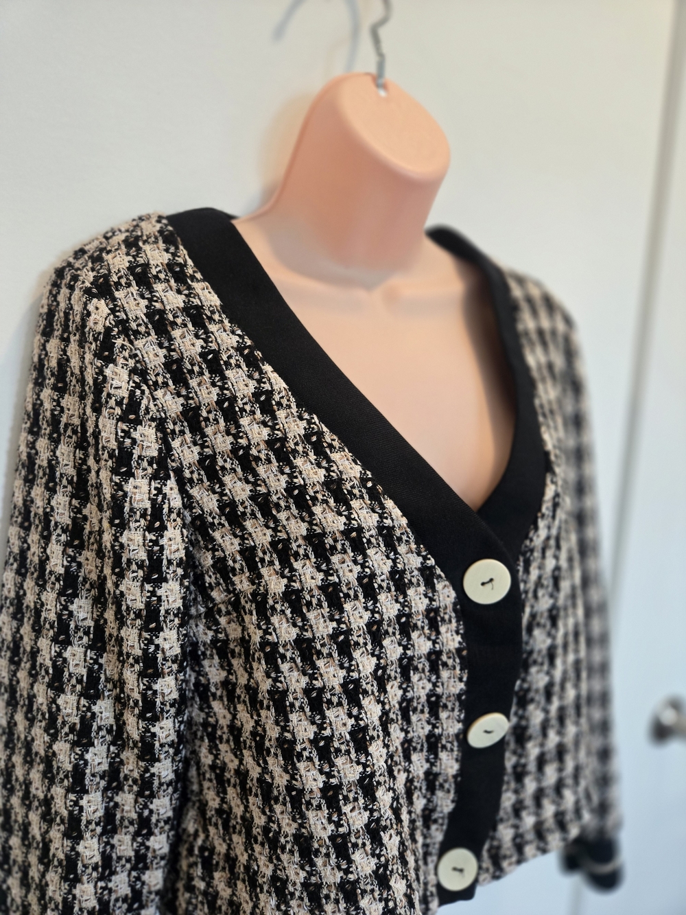 Black & Cream Textured Cardigan | Bouclé Style Button Front